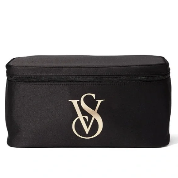 NWT Victoria's Secret Travel Case Bag Black Satin Gold Logo - Picture 1 of 7